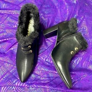 Allegra K Lace Up Pointed Toe Witchycore Block Heel 3’ Ankle Booties Black Fur 9